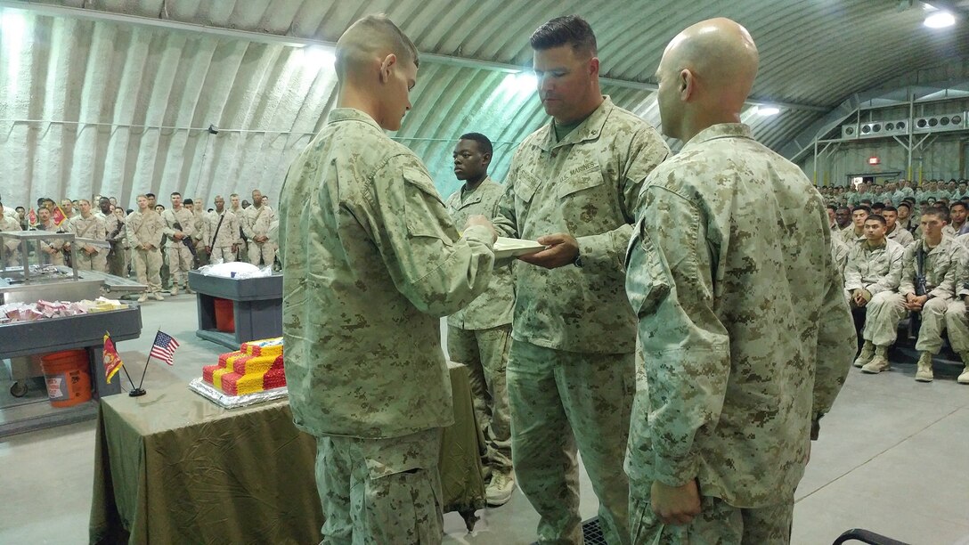 Marines with 5th Marine Regiment perform a cake cutting ceremony in celebration of their 242nd birthday on November 7, 2017, during Integrated Training Exercise 1-18.