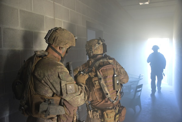 Members of participating units conduct scenarios at Colmar Urban Training Center during Bold Quest 17.2. U.S. Forces and 16 Partner Nations deployed or participated off site in BQ17.2, the latest in a series of Coalition Capability Demonstration and Assessment events sponsored by the Joint Staff with 18 days of data collection completed between mid-October and early November in the Savannah, Ga., area.