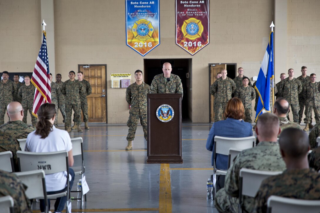 U.S. Marine Col. Michael V. Samarov, the commander of Special Purpose Marine Air-Ground Task Force - Southern Command, speaks during a closing ceremony at Soto Cano Air Base, Honduras, Nov. 8, 2017. The unit held a closing ceremony to wrap up their six-month deployment to Central America and to thank interagency and international partners for their support. The Marines and sailors of SPMAGTF-SC have completed a successful deployment in Central America and are scheduled to return to the United States in mid-November 2017.
