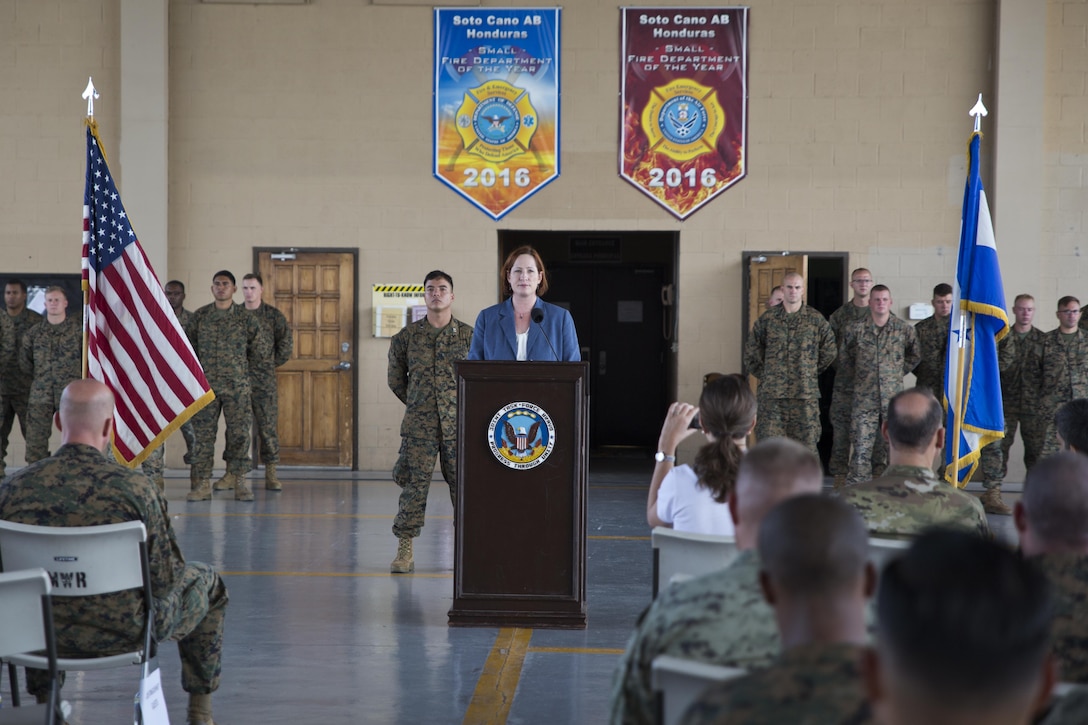 Heide B. Fulton, the chargé d’ affaires with the U.S. Embassy in Honduras, speaks during a closing ceremony for Special Purpose Marine Air-Ground Task Force - Southern Command at Soto Cano Air Base, Honduras, Nov. 8, 2017. The unit held a closing ceremony to wrap up their six-month deployment to Central America and to thank interagency and international partners for their support. The Marines and sailors of SPMAGTF-SC have completed a successful deployment in Central America and are scheduled to return to the United States in mid-November 2017.