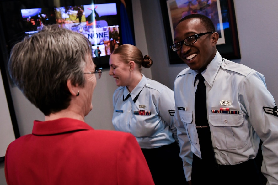 Secretary of the Air Force Heather Wilson, Left, speaks with Barksdale Airmen during a base tour at Barksdale Air Force Base, La., Nov. 14, 2017. As part of her tour, Wilson met with Airmen from various organizations on base. (U.S. Air Force photo by Senior Airman Mozer O. Da Cunha)