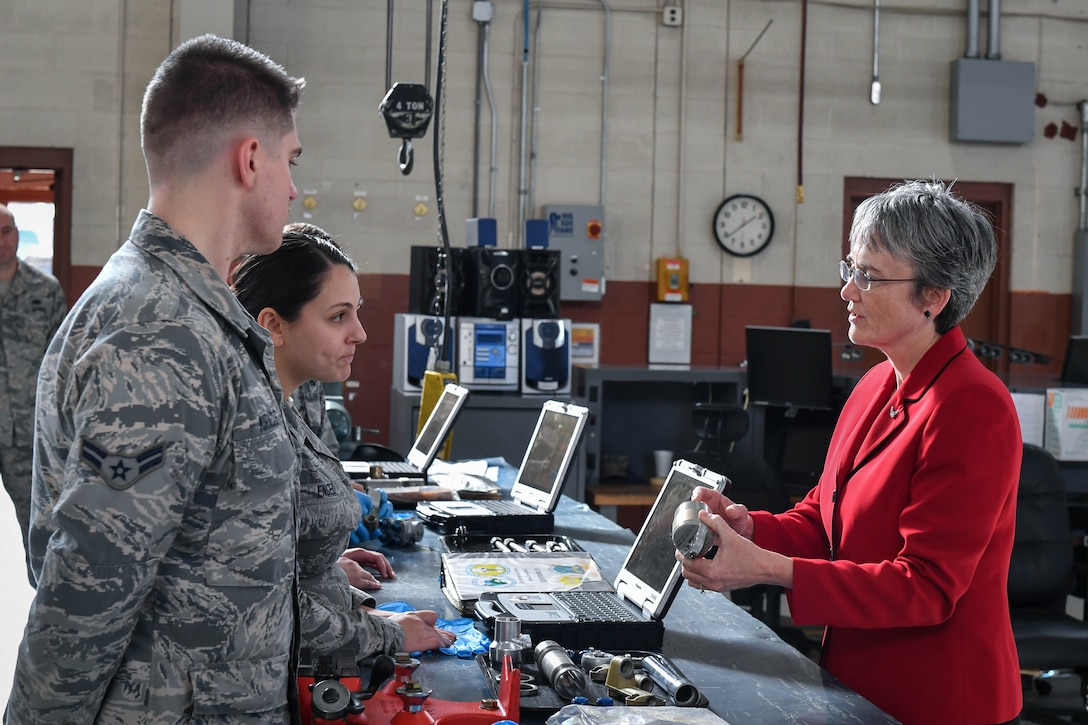Secretary of the Air Force Heather Wilson speaks to 2nd Maintenance Squadron Airmen during a tour at Barksdale Air Force Base, La., Nov. 14, 2017. During her visit, Wilson visited Barksdale’s bomber hydraulic centralized repair facility. The newly derived unit, which has only been at Barksdale since 2015, is able to accommodate assets from the B-52 Stratofortress, the B-1 Lancer and the B-2 Spirit. The new facility saved Air Force Global Strike Command over 13$ million dollars so far in 2017.