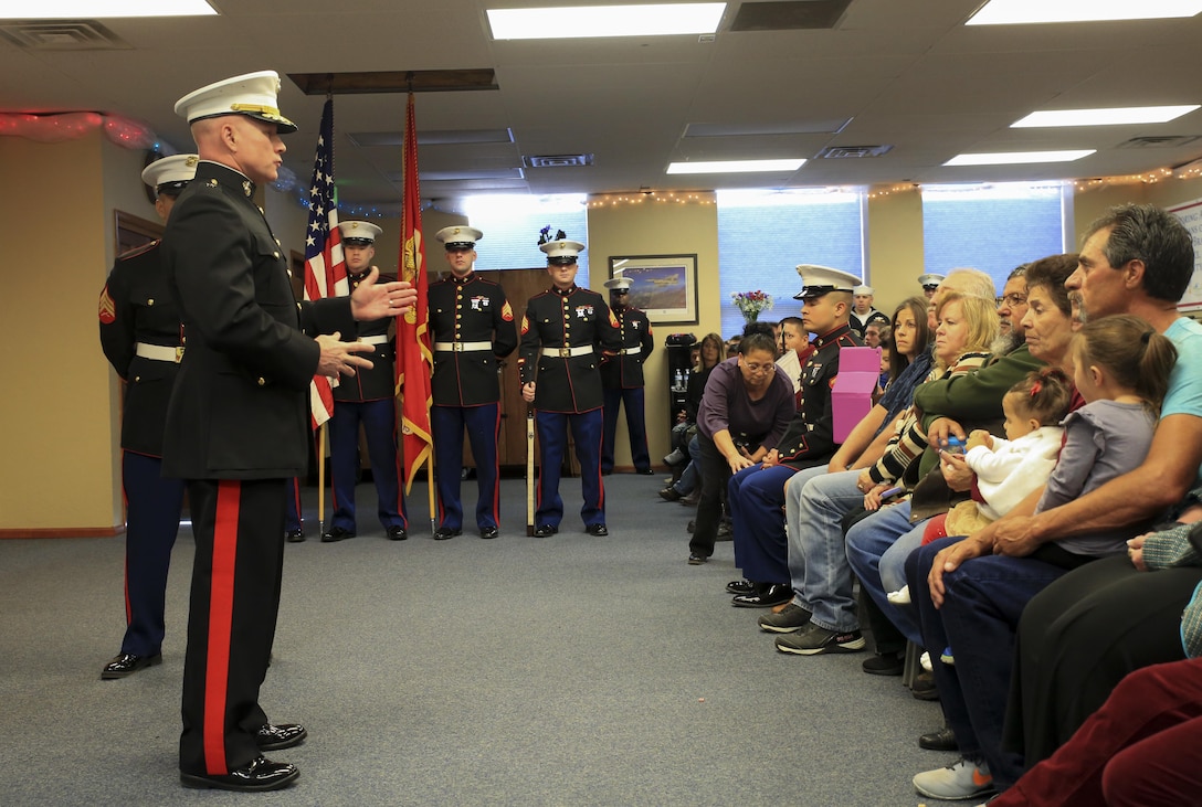 Brig. Gen. Michael Martin, deputy commanding general of Marine Corps Forces Command, addresses Sgt. Lovato’s family and friends during his Silver Star award ceremony, in Montrose, Colo., Nov. 18, 2017. Lovato received an award upgrade, from his previous Bronze Star, for his heroic actions while serving as a squad leader with Company A, 1st Battalion, 8th Marine Regiment, 1st Marine Division, during Operation Al Fajr, part of Operation Iraqi Freedom, on Nov. 15, 2004. The Silver Star is the United States third-highest personal decoration for valor in combat.