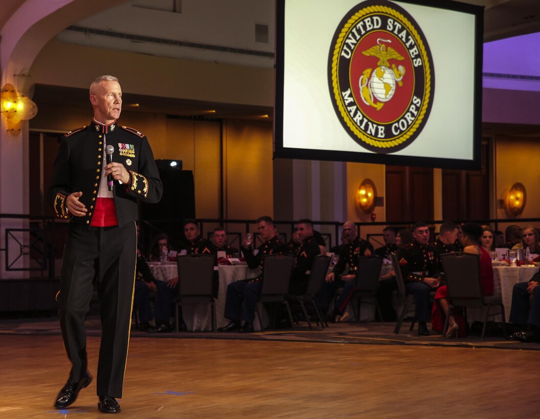 Colonel Tyler J. Zagurski, commanding officer, Marine Barracks Washington D.C., speaks to Marines and guests of the Barracks’ Ball at the Washington Hilton, Washington D.C., Nov. 18, 2017. Each year, the Barracks holds a ball to honor and celebrate the Marine Corps’ birthday by reflecting on its rich traditions through the reading of Gen. John A. Lejeune’s Birthday Message and the cutting of the traditional birthday cake. (Official Marine Corps photo by Cpl. Damon Mclean/Released)