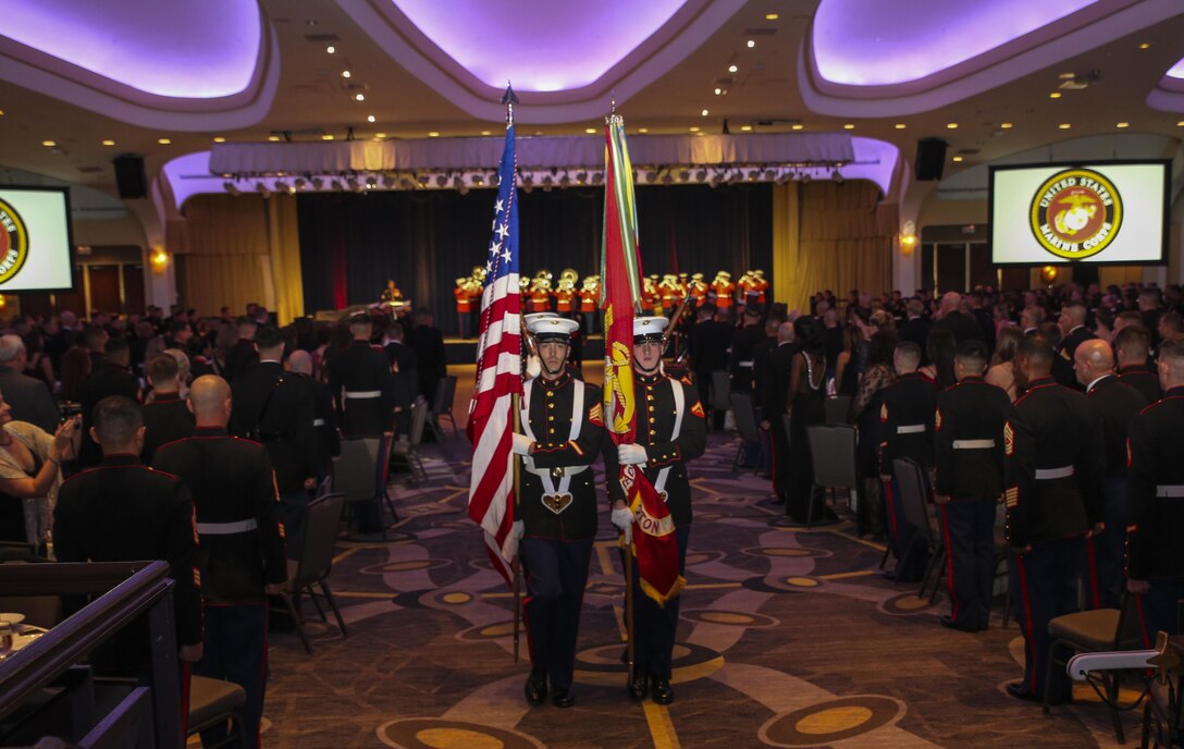 The U.S. Marine Corps Color Guard retires the National and Marine Corps Colors after a cake cutting ceremony at the Washington Hilton, Washington D.C., Nov. 18, 2017. Each year, the Barracks holds a ball to honor and celebrate the Marine Corps’ birthday by reflecting on its rich traditions through the reading of Gen. John A. Lejeune’s Birthday Message and the cutting of the traditional birthday cake. (Official Marine Corps photo by Cpl. Damon Mclean/Released)