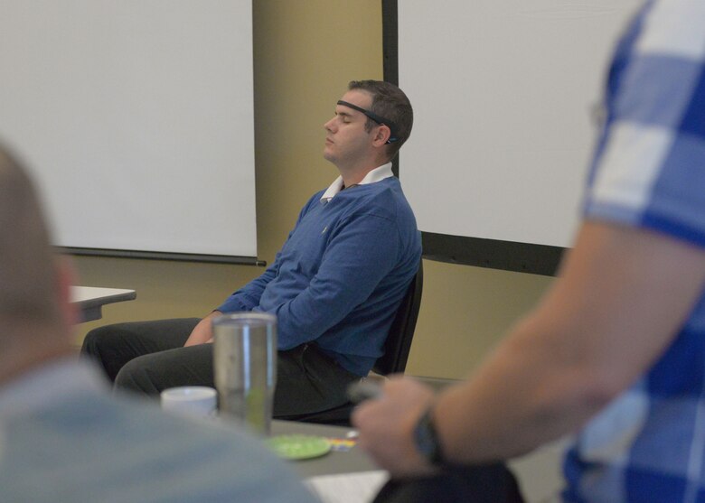 Staff Sgt. Price Dollahon, NCOIC of freight documentation with the 437th Aerial Port Squadron, participates in a biofeedback demonstration during the 360 Leaders course held at JB Charleston November 13-17, 2017. Biofeedback is a scientific method to measure brain activity and physiological changes which occur in conjunction with thoughts and emotions. Biofeedback is used to improve health, performance and sleep.
