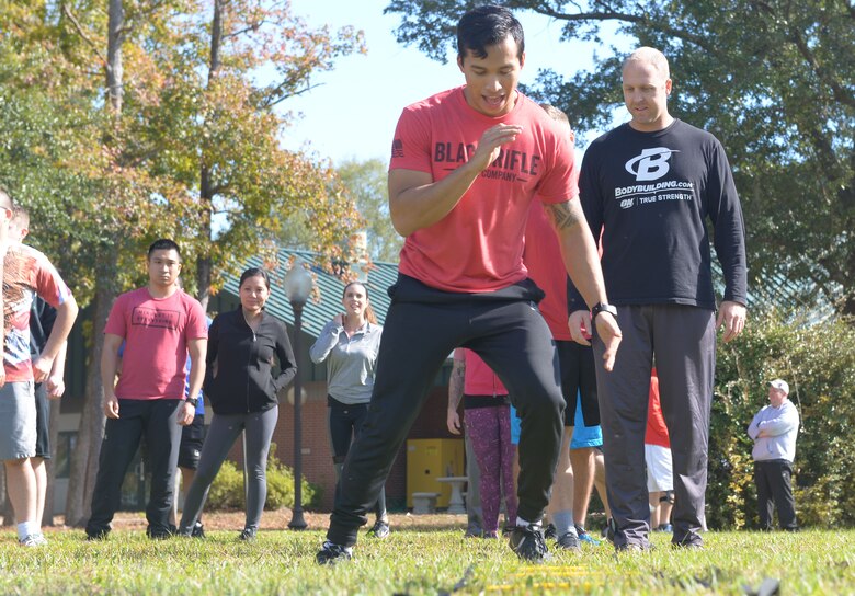 Senior Airman Kierin Torre, squadron aviation resource manager for the 14th Airlift Squadron, takes part in a speed drill during the running clinic portion of the 360 Leaders Course held at JB Charleston November 13-17, 2017. Students learned a variety of running and exercise techniques to improve their overall physical fitness.