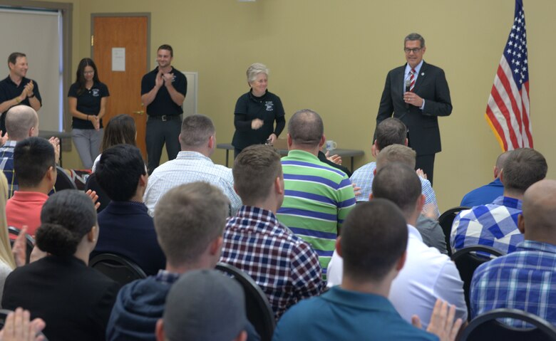 Army Brig. Gen. (Ret.) Steven Salazar, co-founder of the 360 Leaders Course, addresses JB Charleston’s class at the diploma ceremony on November 17, 2017. The five-day course for NCOs is designed to be a holistic learning experience focused on self-care in order to take care of others. This was the third year JB Charleston hosted the event.