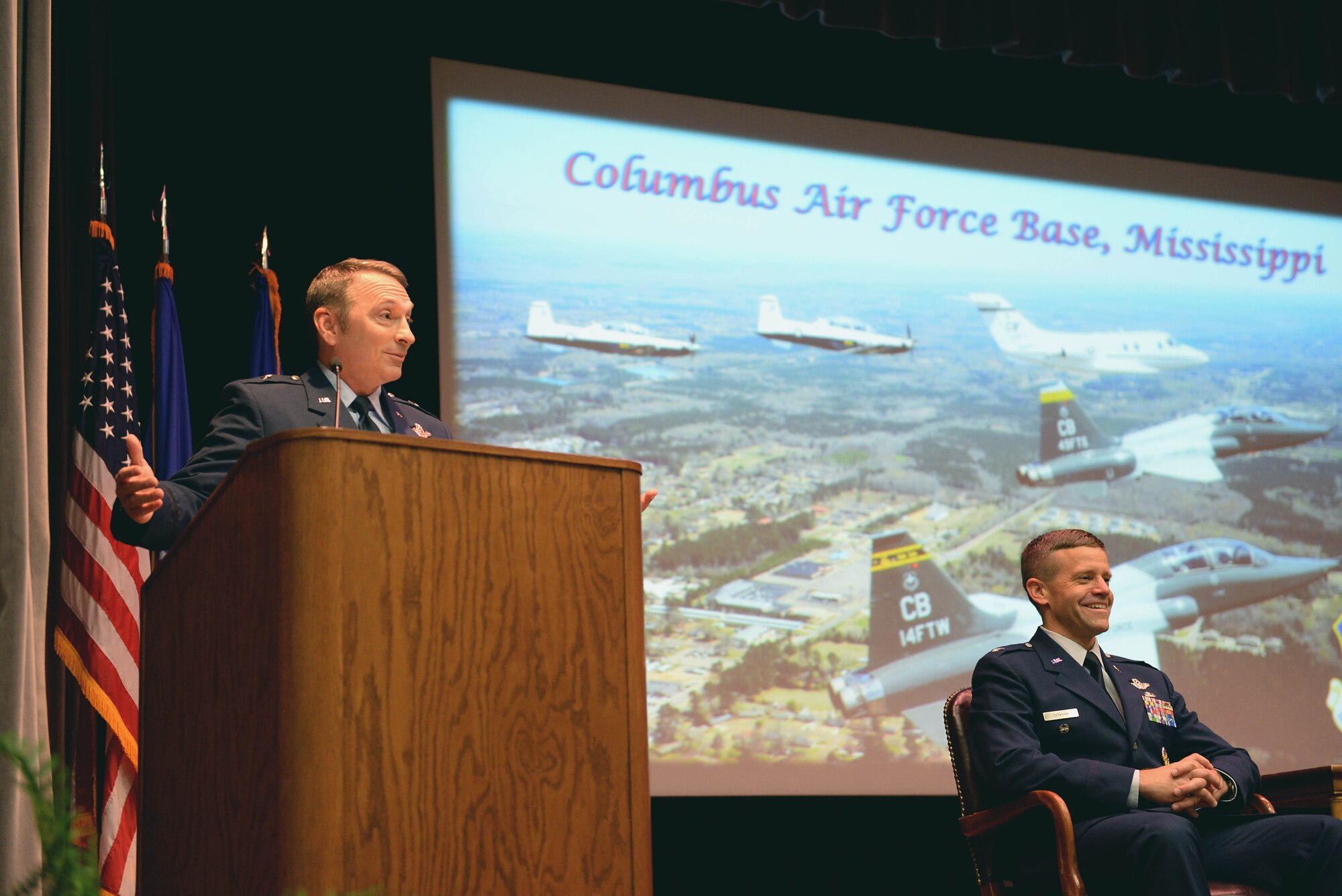 Brig. Gen. David W. Hicks speaks at Specialized Undergraduate Pilot Training Class 18-02’s graduation Nov. 17, 2017, on Columbus Air Force Base, Mississippi. Hicks is the Director of Strategy, Concepts, and Assessments, Deputy Chief of Staff for Strategic Plans and Requirements, Headquarters U.S. Air Force in Washington, D.C. (U.S. Air Force photo by Airman 1st Class Keith Holcomb)