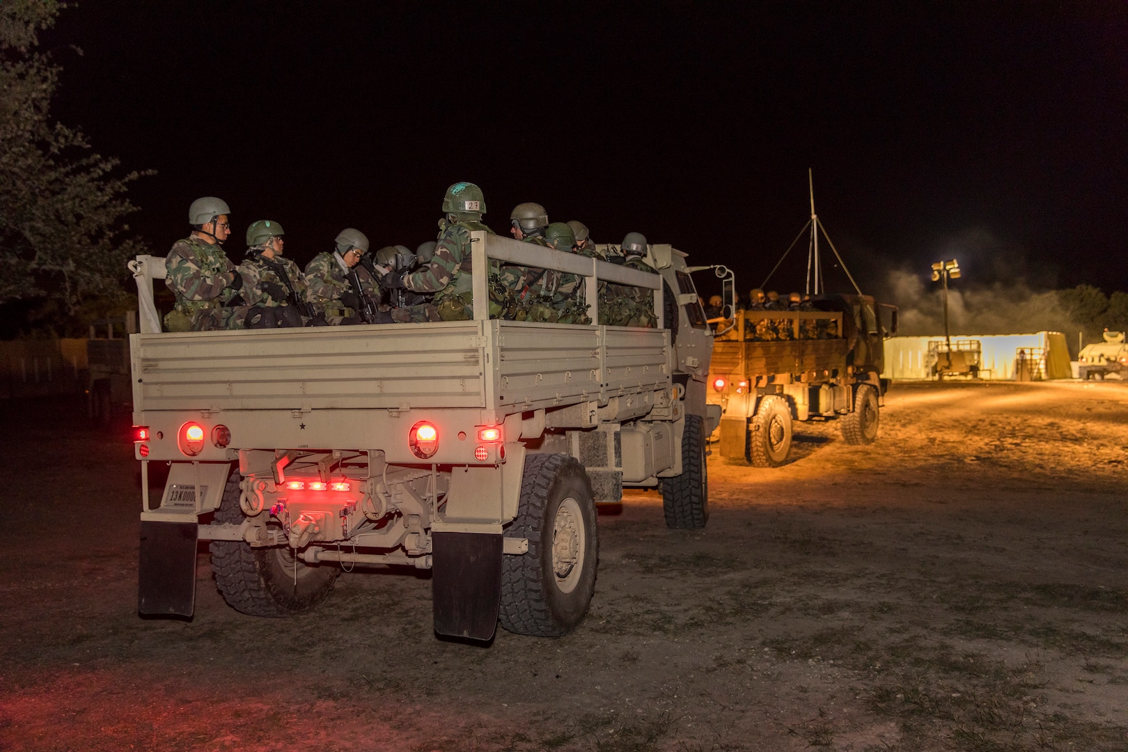Students from the Inter-American Air Force Academy’s 837th Training Squadron convoy to an insertion point at Joint Base San Antonio-Camp Bullis as part of their final training exercise Nov. 8, 2017. The students practiced reconnaissance, ambush, searching, and patrolling tactics. This was the first time the 837th TRS and 343rd TRS partnered for joint training.