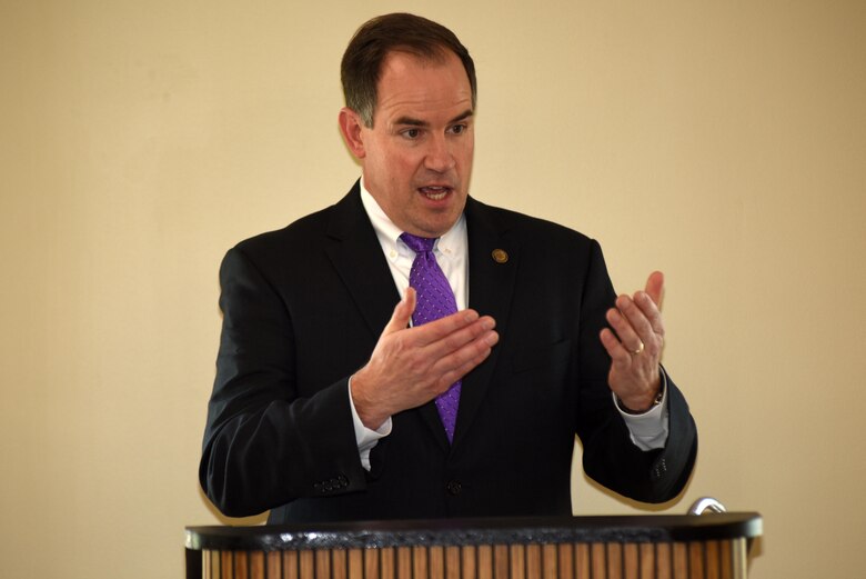 Dale Christianson, federal project officer for the Uranium Project Facility Project Office, welcomes dignitaries and others in attendance to the dedication of the new Construction Support Building Nov. 20, 2017 at the Y-12 National Security Complex in Oak Ridge, Tenn.  The three-story, 64,800-square-foot building will provide a combination of office and warehouse space and is the first permanent structure constructed as part of the Uranium Processing Facility project. (USACE Photo by Lee Roberts)