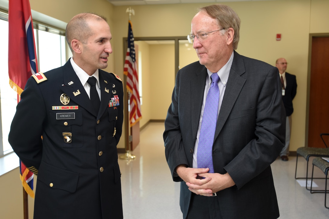 Col. Paul Kremer, U.S. Army Corps of Engineers Great Lakes and Ohio River Division acting commander, speaks with Lt. Gen. (Ret.) Frank G. Klotz, U.S. Department of Energy undersecretary for Nuclear Security and National Nuclear Security Administration administrator, during the dedication of the new Construction Support Building Nov. 20, 2017 at the Y-12 National Security Complex in Oak Ridge, Tenn. (USACE Photo by Lee Roberts)