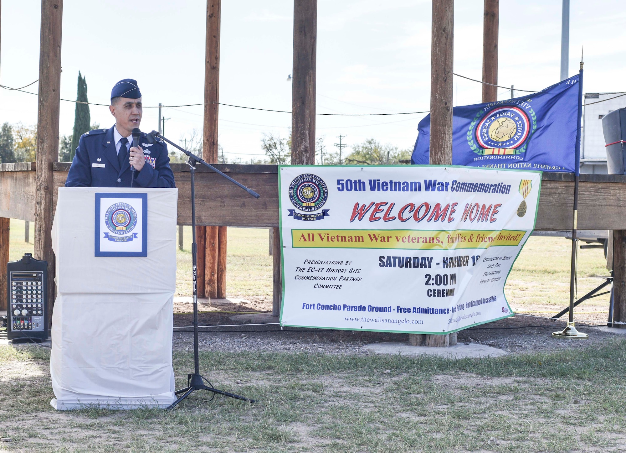 U.S. Air Force Col. Ricky Mills, 17th Training Wing commander, speaks during the 50th Vietnam War Commemoration at the Fort Concho parade ground in San Angelo, Texas, Nov. 18, 2017.  Mills made note of the 11 buildings on Goodfellow that are named in recognition of Vietnam veterans, including Albert Tijerina. (U.S. photo by Airman 1st Class Randall Moose/released)