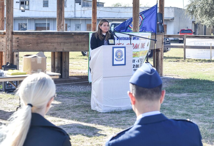 Debra Tijerina Brown, Gold Star Daughter, speaks during the 50th Vietnam War Commemoration at the Fort Concho parade ground in San Angelo, Texas, Nov. 18, 2017. Brown received the Gold Star in recognition of her father, Albert Tijerina, who died in 1971 when Brown was three years old. (U.S. photo by Airman 1st Class Randall Moose/released)