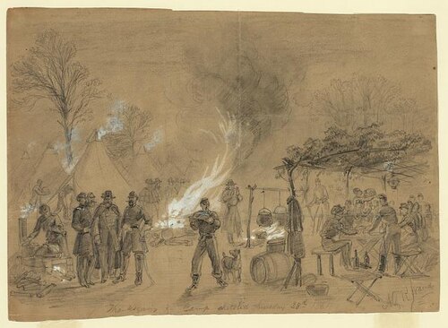 A pencil sketch of soldiers' encampment preparing for Thanksgiving dinner on Thursday, November 28, 1861.