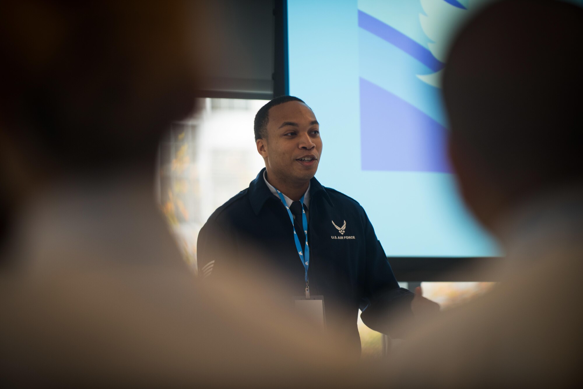 U.S. Air Force Staff Sgt. Jordan Jackson, 60th Operations Support Squadron, Travis Air Force Base Calif., speaks during a professional development exchange at the Twitter headquarters in San Francisco, Nov. 9, 2017. During the one-day professional development exchange, Travis Airmen alongside employees of the social media company shared discussions on various topics to include creating an inclusive work environment and knowing your employees.
