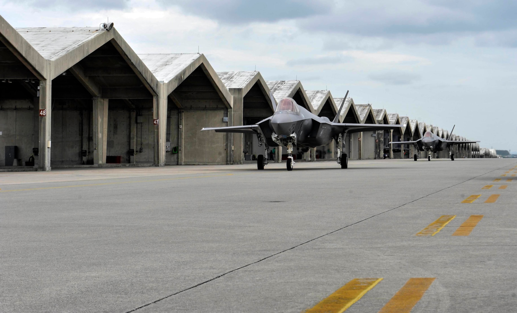 U.S. Air Force F-35A Lightning IIs from Hill Air Force Base, Utah, taxi for take-off at Kadena Air Base, Japan, Nov. 16, 2017. The F-35A stealth fighters arrived at Kadena AB in the first such deployment to the Asia-Pacific region.