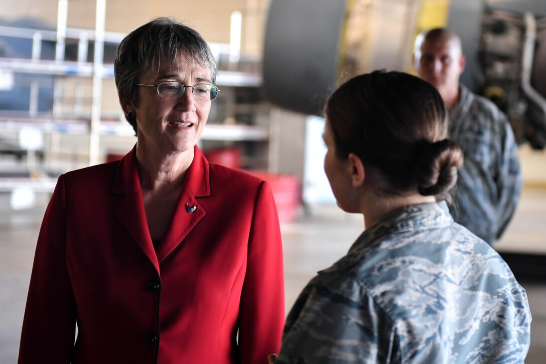 Secretary of the Air Force Heather Wilson is briefed by 2nd Maintenance Squadron Airmen during a tour at Barksdale Air Force Base, La., Nov. 14, 2017. During the tour Wilson reiterated the importance of readiness, modernization and innovation in order to remain the greatest Air Force in the world. (U.S. Air Force photo by Senior Airman Mozer O. Da Cunha)
