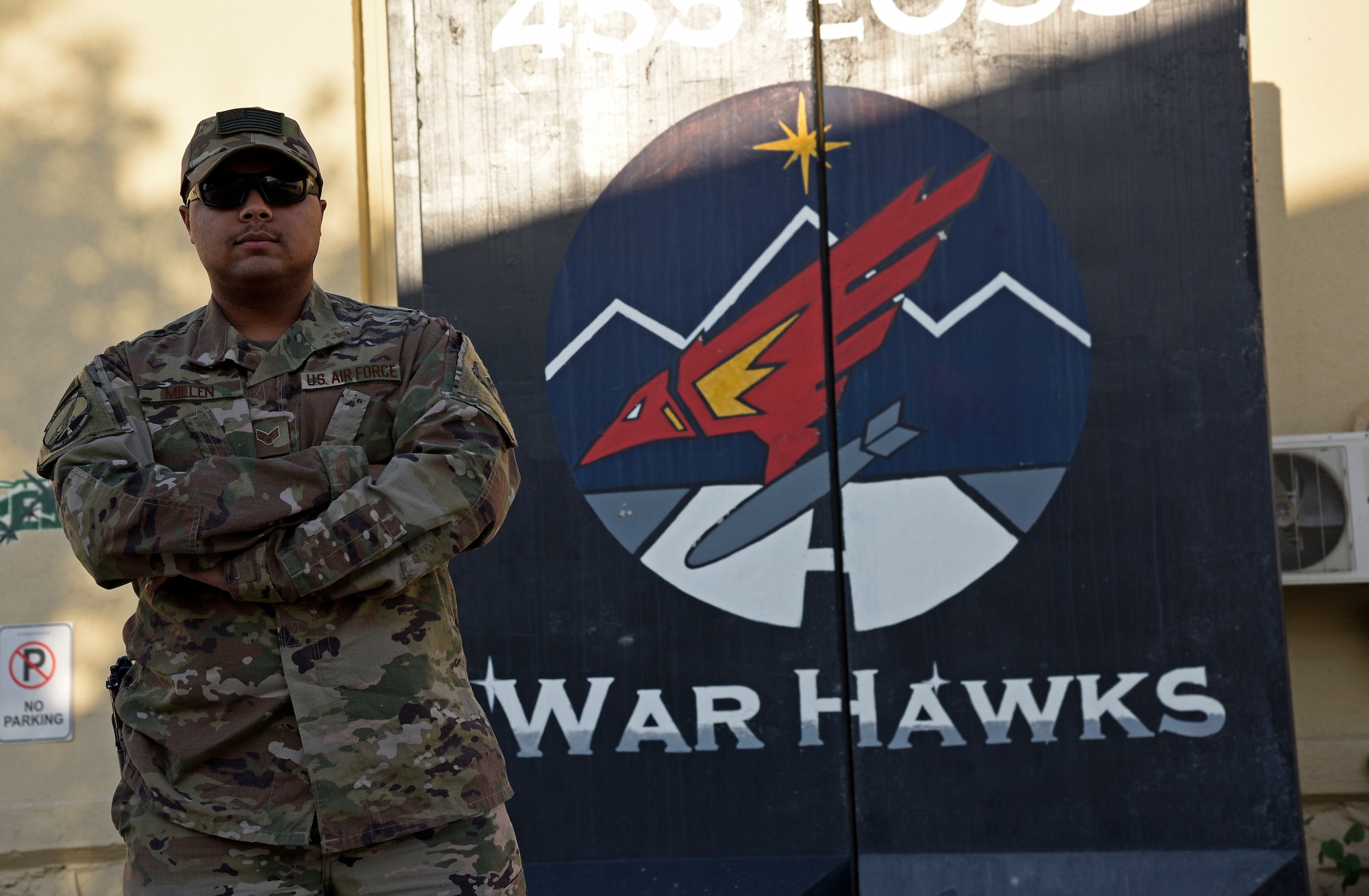 Senior Airman Nathaniel Millen, 455th Expeditionary Operations Support Squadron Combat Intelligence Cell all-source intelligence analyst, poses for a photo Nov. 19, 2017 at Bagram Airfield, Afghanistan.