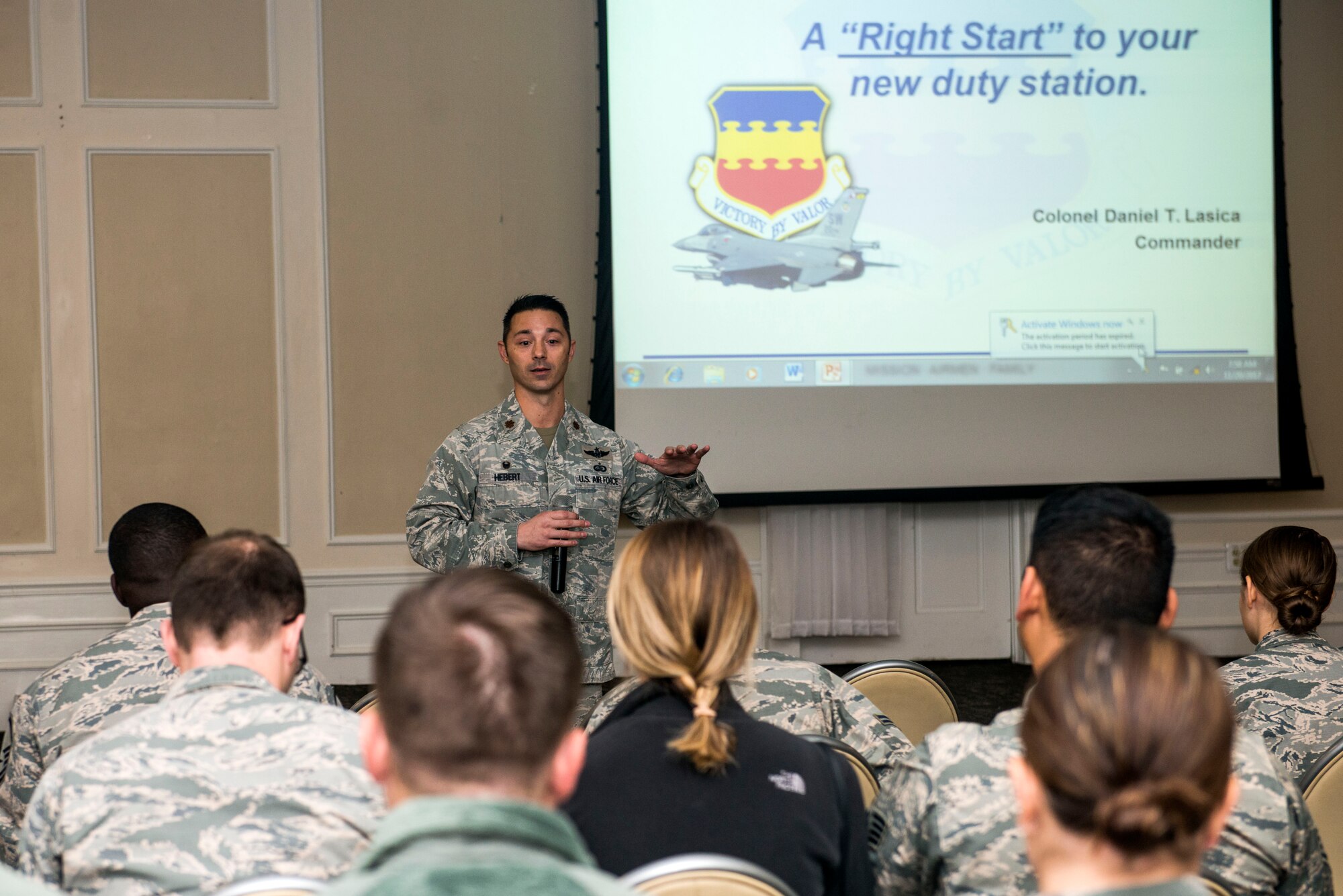 U.S. Air Force Maj. Darryl Hebert, 20th Force Support Squadron commander, speaks prior to introducing 20th Fighter Wing (FW) leadership during the Right Start Welcome Weasels program at the Carolina Skies Club and Conference Center at Shaw Air Force Base, South Carolina, Nov. 20, 2017.