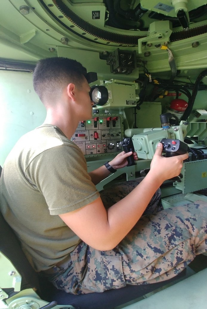 A Marine tests the enhanced vision capability—part of an upgrade to the Light Armored Vehicle’s Anti-Tank Weapon System—during new equipment training Sept. 18-29, at Camp Pendleton, Calif.  Marine Corps Systems Command completed its first fielding of four upgraded ATWS in September.