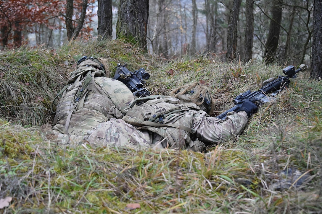 U.S. soldiers assigned to the 1st Squadron, 2nd Cavalry Regiment take cover during Exercise Allied Spirit VII on the 7th Army Training Command’s Hohenfels Training Area, Germany.