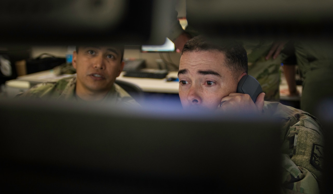 Soldiers from the 94th Army Air Missile Defense Command, attached to the 613th Air Operations Center at Joint Base Pearl Harbor-Hickam, Hawaii, track a ballistic missile that was launched from North Korea, Sept 14, 2017. Air Force photo by Staff Sgt. Perry Aston