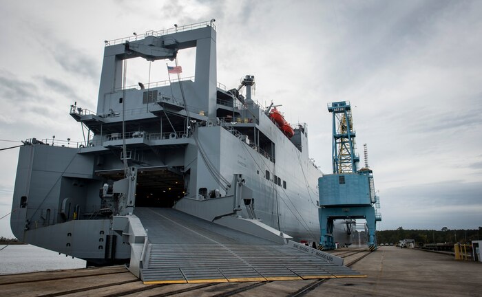 The USNS Charlton is docked pierside at Alpha Wharf on Joint Base Charleston’s Weapons Station, Nov. 21, 2017.