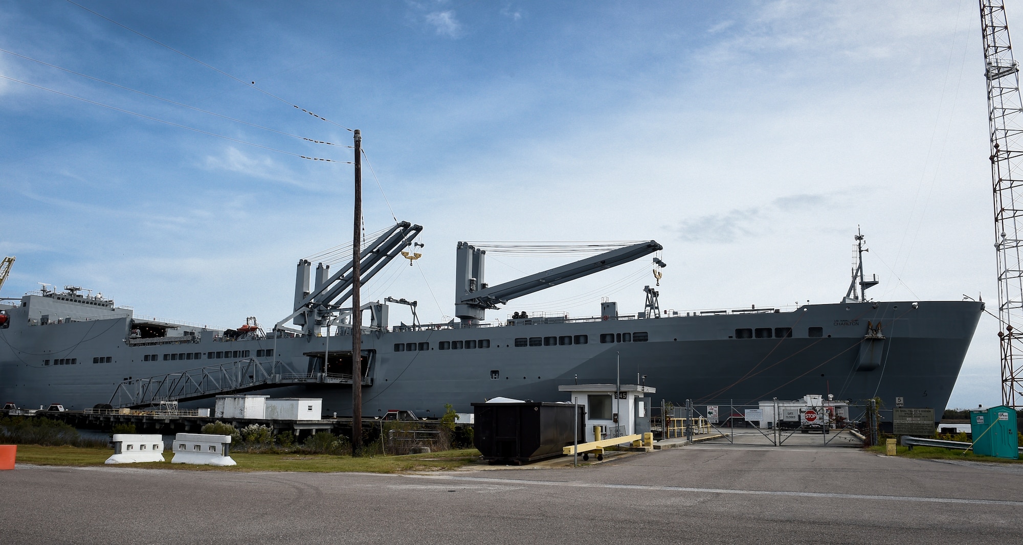 The USNS Charlton is docked pierside at Alpha Wharf on Joint Base Charleston’s Weapons Station, Nov. 21, 2017.