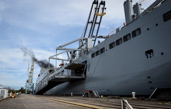 The USNS Charlton is docked pierside at Alpha Wharf on Joint Base Charleston’s Weapons Station, Nov. 21, 2017.