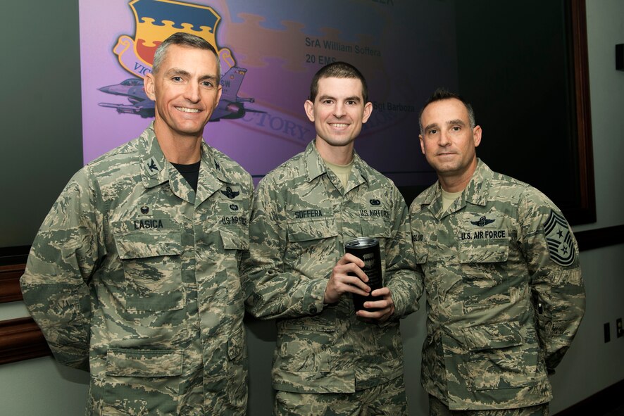 U.S. Air Force Senior Airman William Soffera, 20th Equipment Maintenance Squadron decentralized material support operations journeyman, is recognized by 20th Fighter Wing leadership as the “Shaw Weasel of the Week” at Shaw Air Force Base, South Carolina, Nov. 22, 2017.