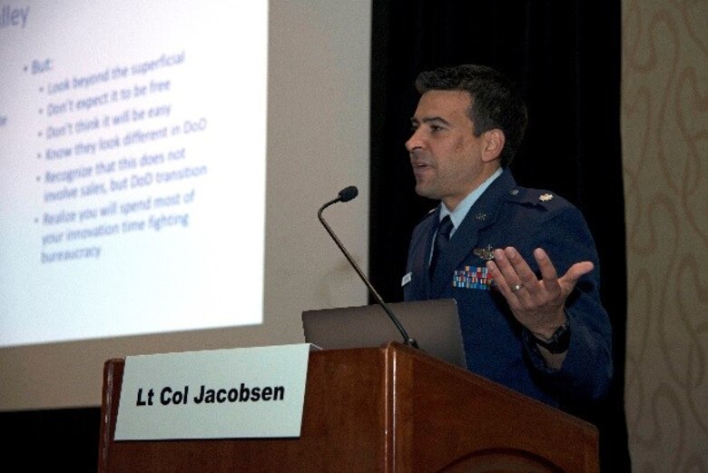 U.S. Air Force Lt. Col. Mark Jacobsen, founder of Uplift Aeronautics, gives a presentation during a seminar at the Airlift Tanker Association Symposium at the Marriott World Center in Orlando, Fla., Oct. 27, 2017. Jacobsen’s seminar focused on what the Department of Defense can take away from Silicon Valley and how to apply it throughout the Air Force. (U.S. Air Force Photo by Airman 1st Class Ashley Perdue)