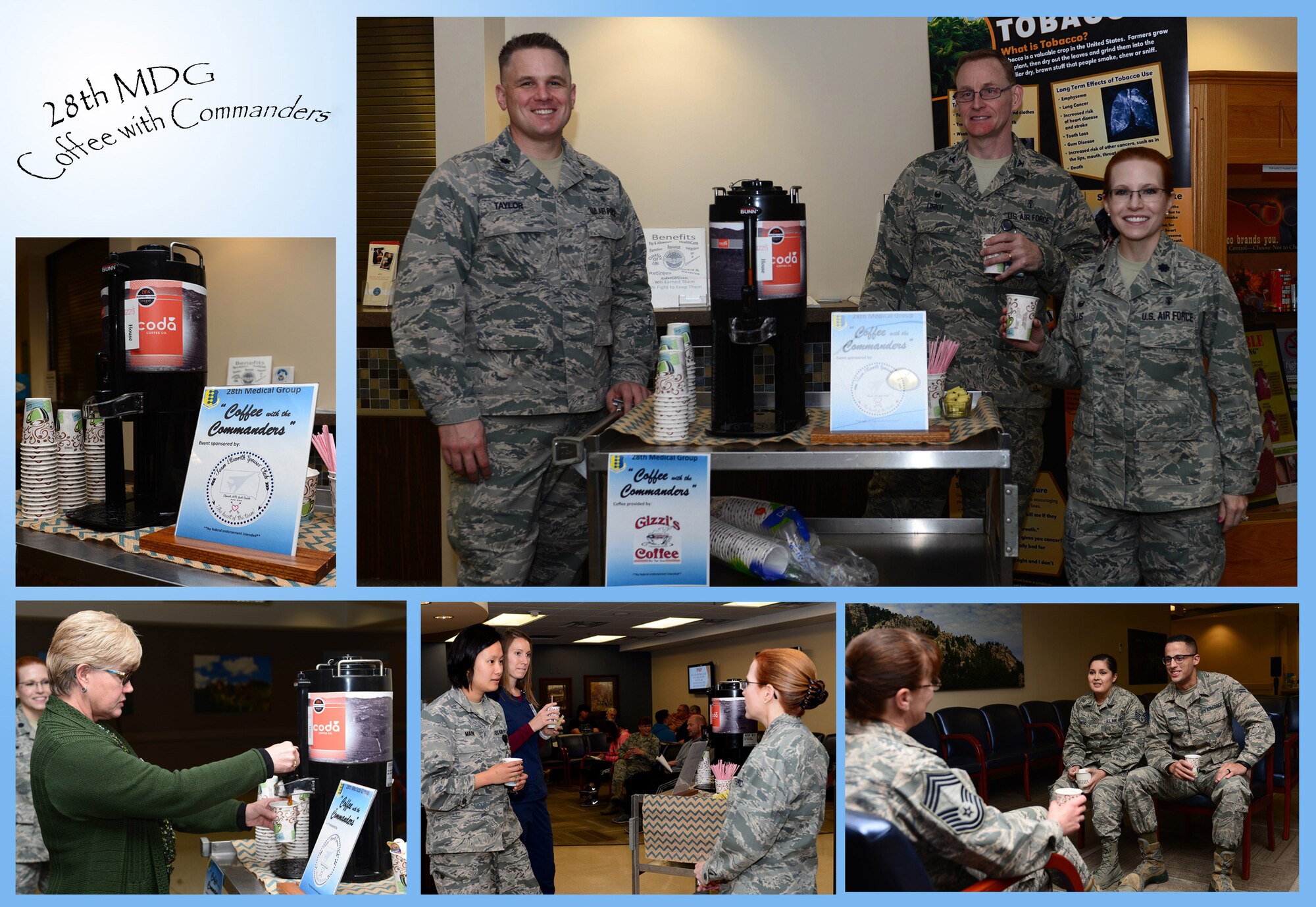 The 28th Medical Group hosted a “Coffee with the Commanders” event inside the clinic at Ellsworth Air Force Base, S.D. Nov. 20, 2017. The event provided the Ellsworth community a chance to connect with leaders of the 28th MDG. (U.S. Air Force photo illustration by Airman 1st Class Donald C. Knechtel)