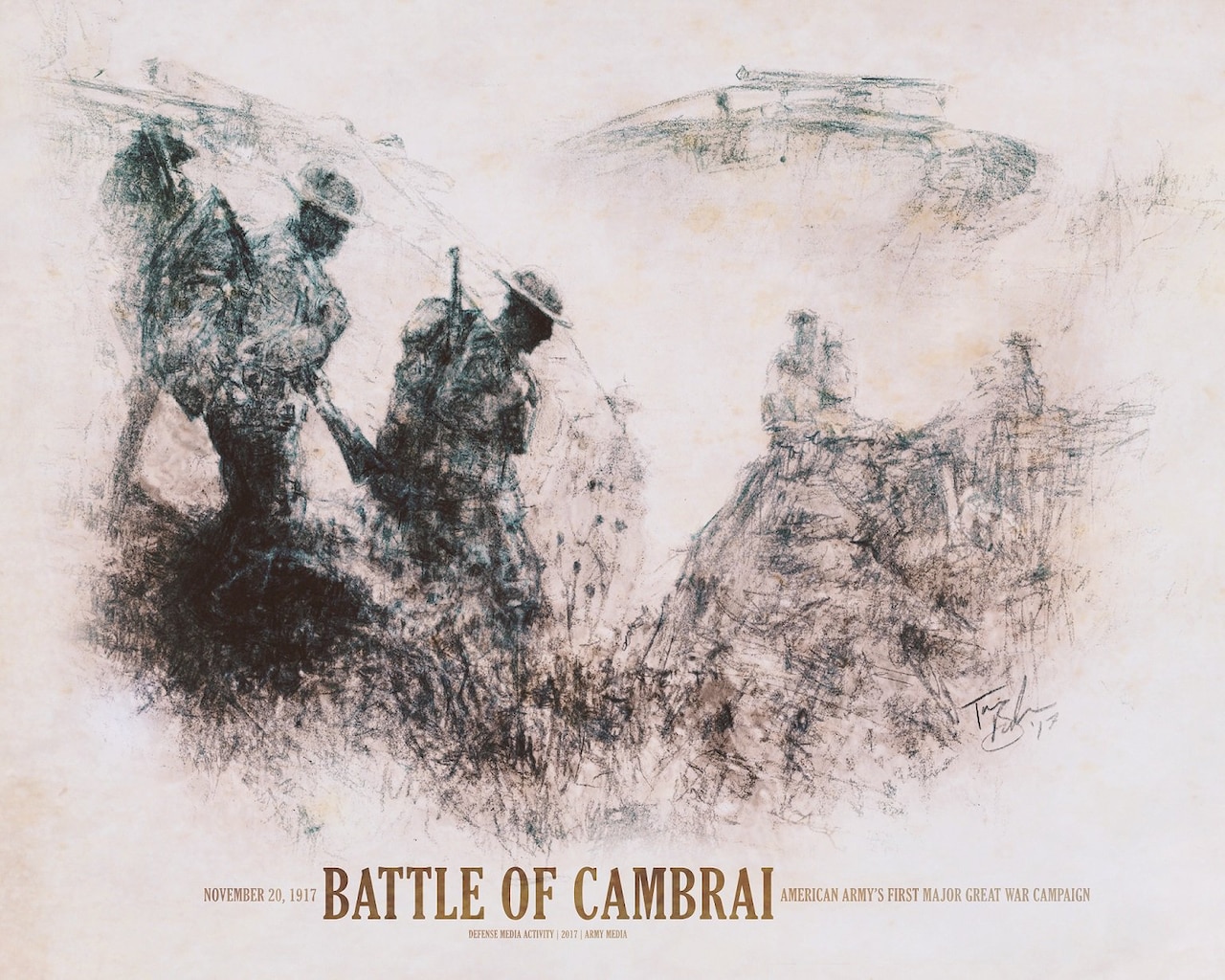 The 100th anniversary of the Battle of Cambrai in France falls on Nov. 20, 2017. The battle was the Army’s first major campaign in World War I and the first effective large-scale use of combined arms. DoD illustration by Travis Burcham