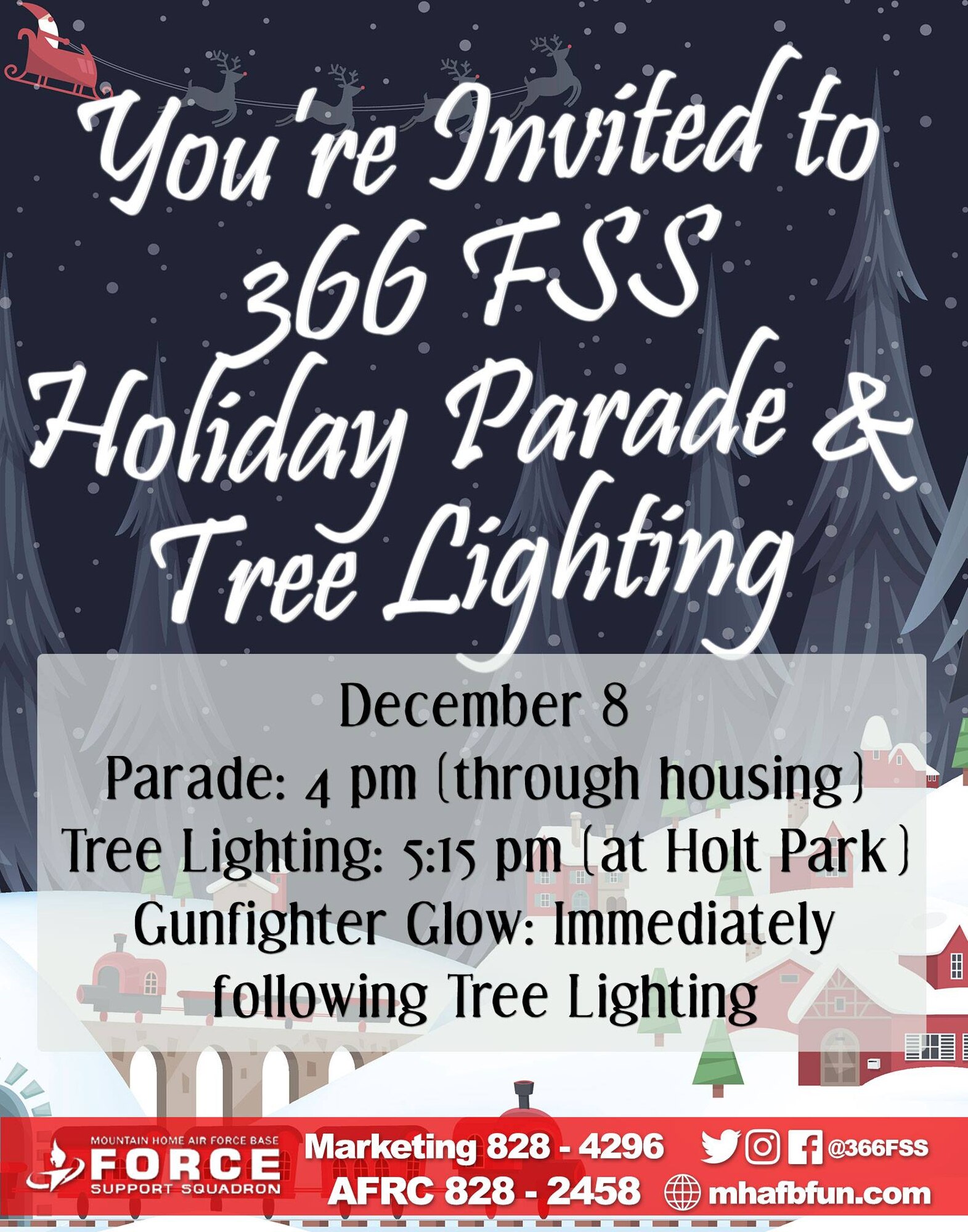 Schedule of events for the 2017 Holiday Parade & Tree lighting at Mountain Home Air Force Base, Idaho.