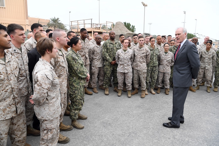 Secretary of the Navy Richard V. Spencer speaks to Sailors and Marines as part of a visit to the 5th Fleet Area of Operations.