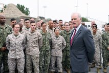 Secretary of the Navy Richard V. Spencer speaks to Sailors and Marines as part of a visit to the 5th Fleet Area of Operations.