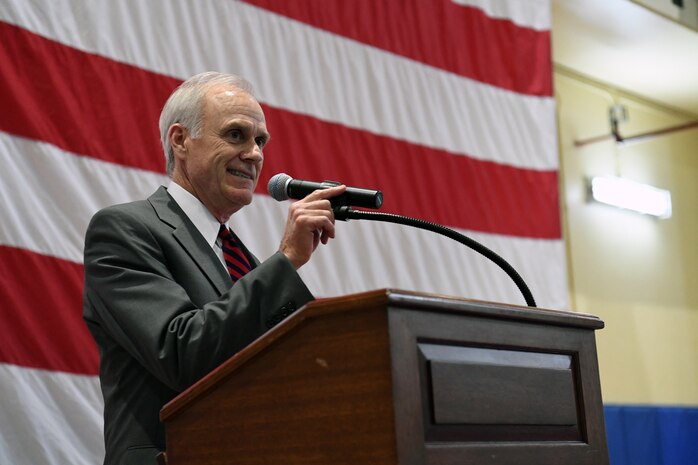 Secretary of the Navy Richard V. Spencer speaks to Sailors and Marines as part of a visit to the 5th Fleet Area of Operations.