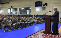 Secretary of the Navy Richard V. Spencer speaks to Sailors and Marines as part of a visit to the 5th Fleet Area of Operations.