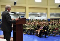Secretary of the Navy Richard V. Spencer speaks to Sailors and Marines as part of a visit to the 5th Fleet Area of Operations.