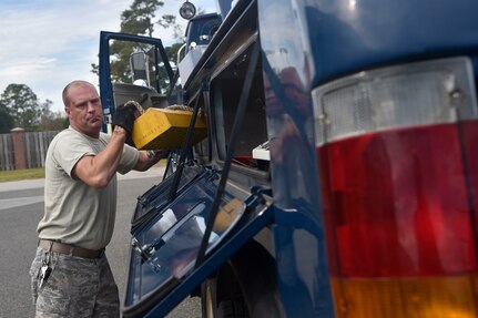 Staff Sgt. Jesse Turner, 628th Logistics Readiness Squadron operator, records and licensing NCO in Charge, prepares to move a forklift Nov. 14, 2017, at Joint Base Charleston, S.C. The 628th LRS transported approximately 38 pallets weighing roughly 130 short tons and issued about two million gallons of fuel for aircraft and ground vehicles in support of Hurricane Maria relief efforts to Puerto Rico.