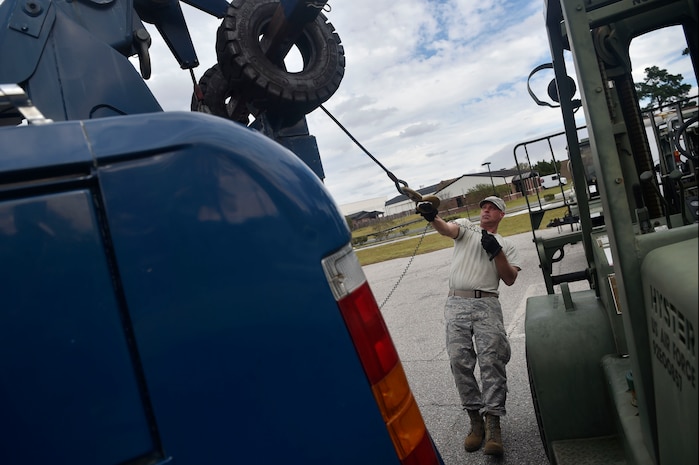 Staff Sgt. Jesse Turner, 628th Logistics Readiness Squadron operator, records and licensing NCO in Charge, prepares to move a forklift Nov. 14, 2017, at Joint Base Charleston, S.C. The 628th LRS transported approximately 38 pallets weighing roughly 130 short tons and issued about two million gallons of fuel for aircraft and ground vehicles in support of Hurricane Maria relief efforts to Puerto Rico.