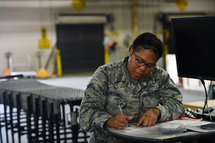 Senior Airman Gelissa Mitchell, 628th Logistics Readiness Squadron documented cargo, prepares to deliver logistics goods at the 437th Aerial Port Squadron Nov. 14, 2017, at Joint Base Charleston, S.C. The 628th LRS transported approximately 130 pallets weighing roughly 38 short tons and issued about two million gallons of fuel for aircraft and ground vehicles in support of Hurricane Maria relief efforts to Puerto Rico.
