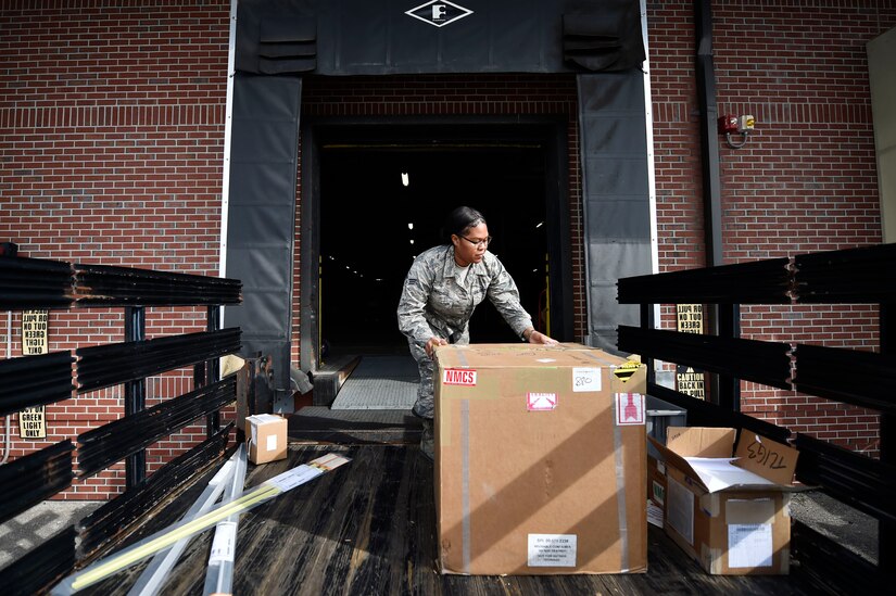 Senior Airman Gelissa Mitchell, 628th Logistics Readiness Squadron documented cargo, prepares to deliver logistics goods at the 437th Aerial Port Squadron Nov. 14, 2017, at Joint Base Charleston, S.C. The 628th LRS transported approximately 130 pallets weighing roughly 38 short tons and issued about two million gallons of fuel for aircraft and ground vehicles in support of Hurricane Maria relief efforts to Puerto Rico.