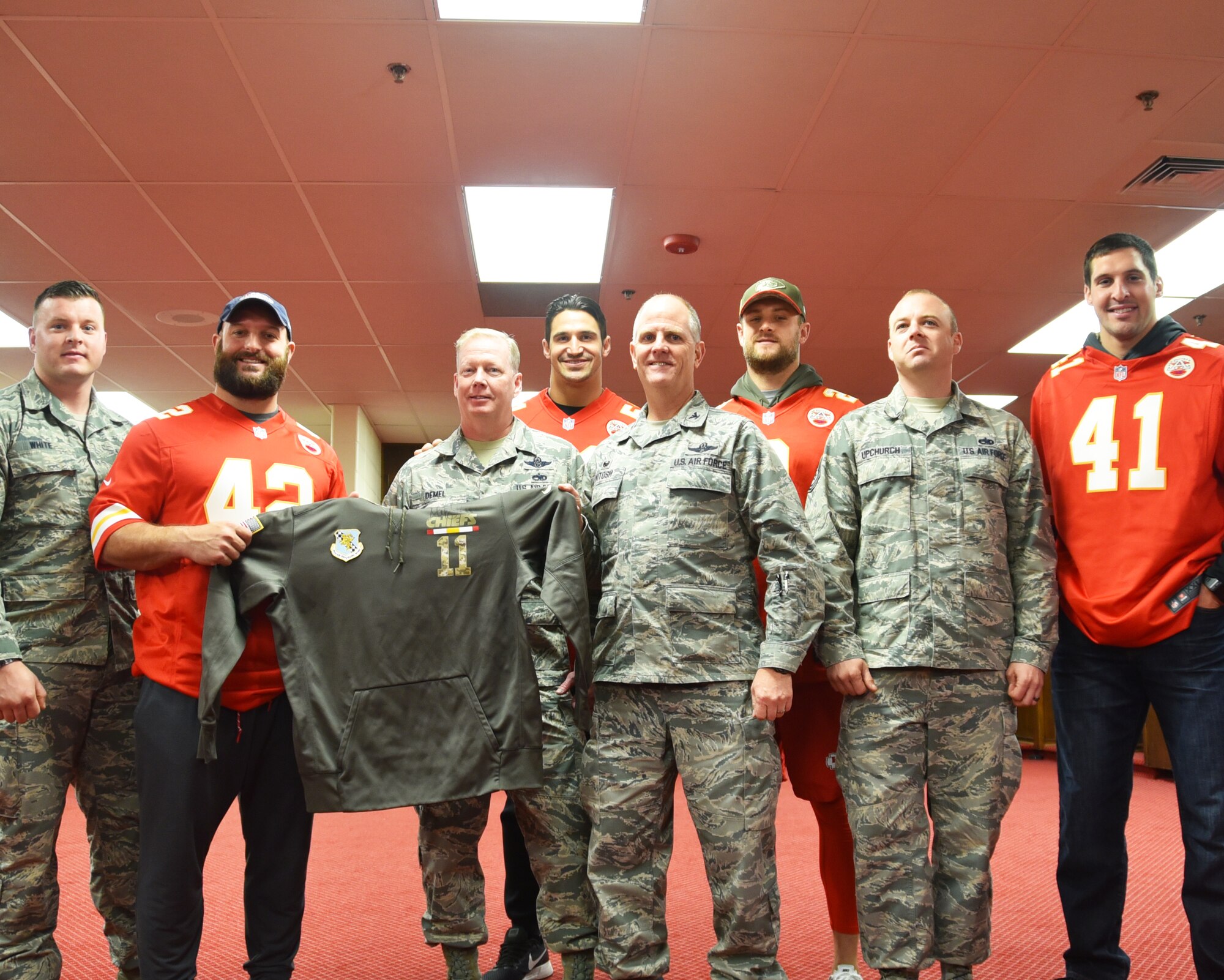 Members of the 931st Air Refueling Wing toured the inside of Arrowhead Stadium, the primary home venue of the Kansas City Chiefs, Nov. 21, 2017. The tour also included members of the 184th Intelligence Wing, the Kansas and Missouri National Guard, and soldiers from Fort Riley, Kan. 
 As part of the tour, Team McConnell members were presented with a hooded sweatshirt feautring the 931 ARW patch. The sweatshirt had been worn during practice by Alex Smith, Kansas City Chiefs quarterback.