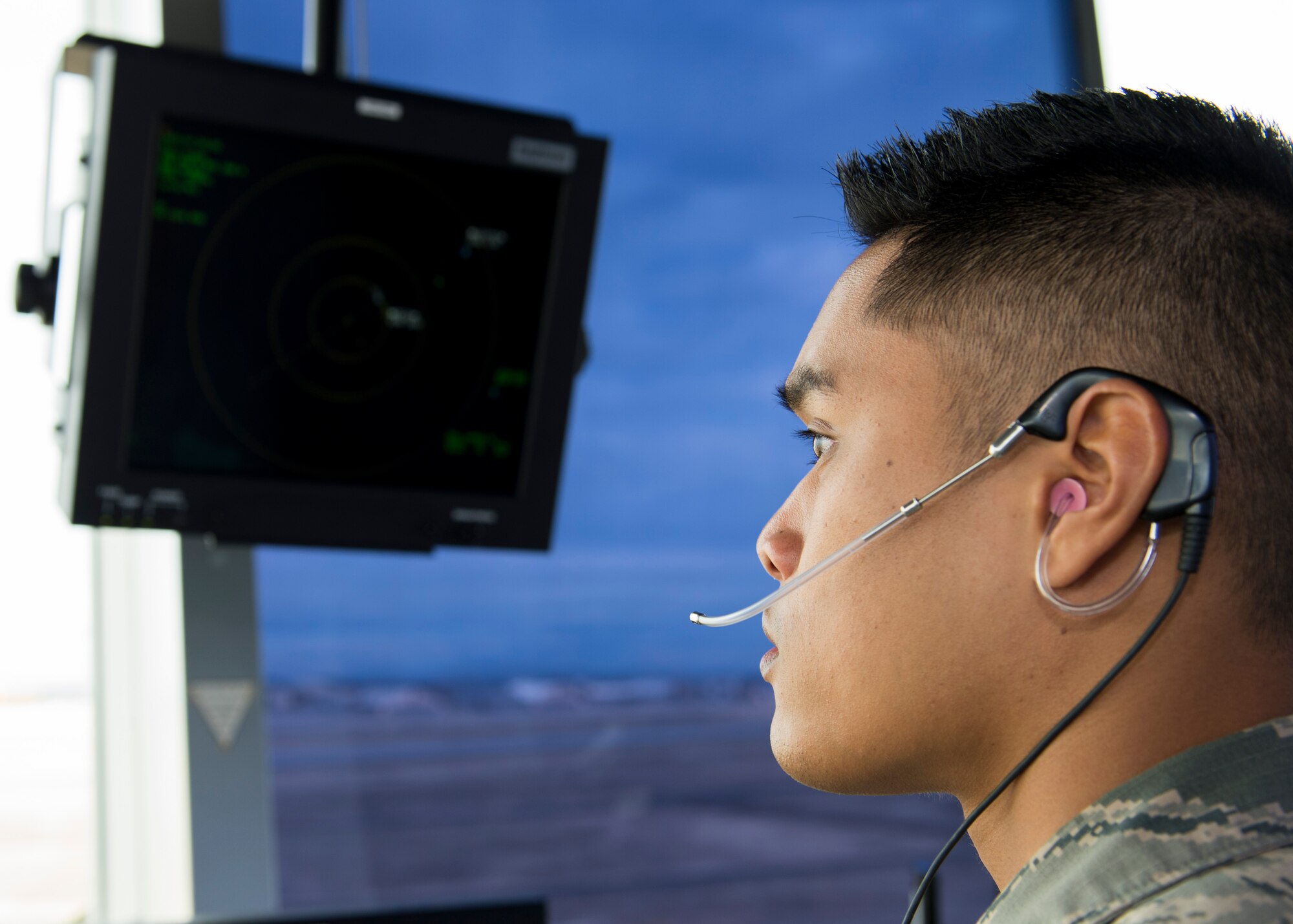 Airman 1st Class Alan Lucero, 92nd Operations Support Squadron air traffic controller, checks the Doppler radar during Exercise Global Thunder 2018 at Fairchild Air Force Base, Washington, Nov. 1, 2017. Global Thunder is an annual U.S. Strategic Command (USSTRATCOM) exercise designed to provide training opportunities to test and validate command, control and operational procedures. The training is based on a notional scenario developed to drive execution of USSTRATCOM and component forces’ ability to support the geographic combatant commands, deter adversaries and, if necessary, employ forces as directed by the President of the United States. (U.S. Air Force photo/Senior Airman Ryan Lackey)
