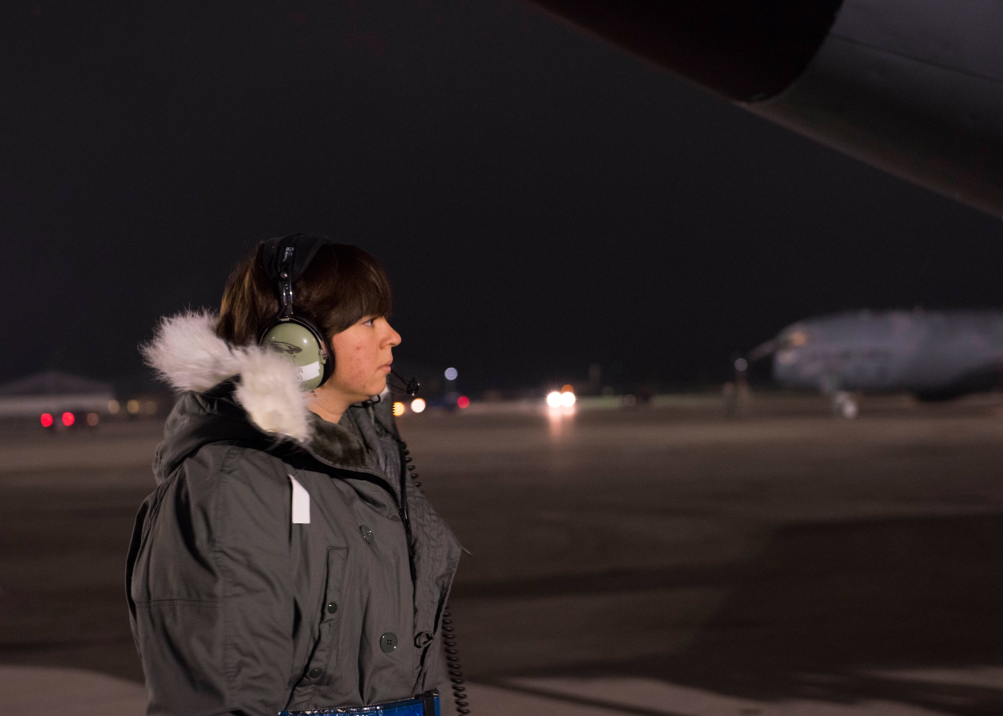 Senior Airman Megan Myers, 141st Maintenance Group crew chief, supervises KC-135 Stratotanker pre-flight checks during Exercise Global Thunder 2018 at Fairchild Air Force Base, Washington, Nov. 4, 2017. Global Thunder is an annual U.S. Strategic Command (USSTRATCOM) exercise designed to provide training opportunities to test and validate command, control and operational procedures. The training is based on a notional scenario developed to drive execution of USSTRATCOM and component forces’ ability to support the geographic combatant commands, deter adversaries and, if necessary, employ forces as directed by the President of the United States. (U.S. Air Force photo/Senior Airman Ryan Lackey)