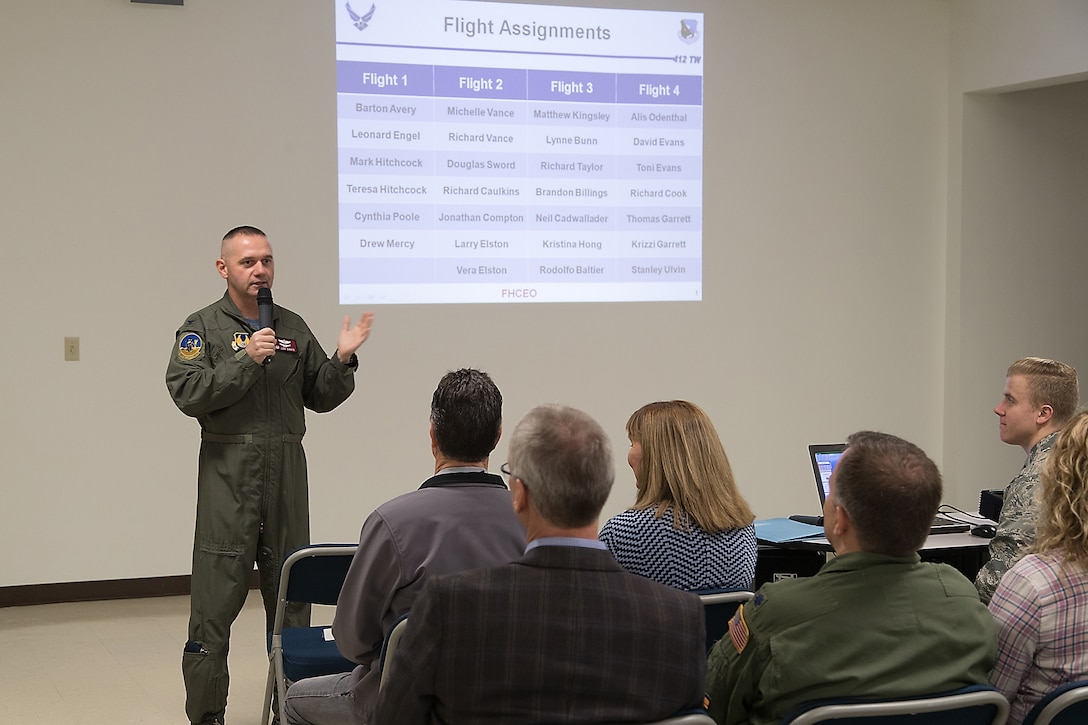 Colonel Leland Davis, 412th Electronic Warfare Group commander, briefs the four flights of honorary commanders on their flight simulator missions during a visit to the Integrated Facility for Avionics Systems Testing facility. (U.S. Air Force photo by Don Allen)
