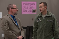 Chris Woodward, Mountain View Elementary principal and Air Force Lt. Col. Jeffrey Rock, 673d Mission Support Group vice-commander, meet for the first Leaders in the Schools meeting Nov. 20, 2017. The goal of the program is to give community leaders the opportunity to experience Anchorage public schools from an inside perspective.