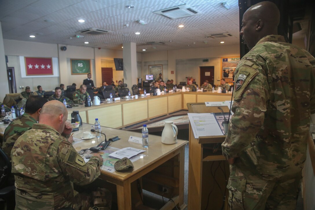 U.S. Army Command Sgt. Maj. David M. Clark, right, the sergeant major of Resolute Support Mission, speaks to senior enlisted U.S. and Afghan National Defense and Security Force leaders during a warfighter forum at Resolute Support Headquarters in Kabul, Afghanistan, Nov. 15, 2017. The warfighter forum brought together command sergeants major from throughout the Afghan National Army and Afghan National Police as well as their U.S. counterparts to discuss current challenges and areas for improvement within the services in preparation for the Spring 2018 fighting season. (U.S. Marine Corps photo by Sgt. Lucas Hopkins)